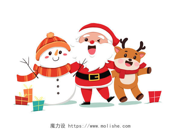 圣诞节圣诞老人麋鹿和雪人开心挥手卡通插画